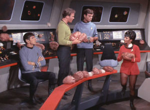 The Enterprise bridge, overrun by tribbles.