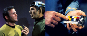 Spock in his remote-control rig and a close-up of the remote.