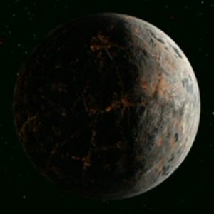 The planet Cheron, appropriately with a dark shadow over half its face.